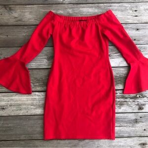 SUGAR+LIPS Red Off-Shoulder Dress with Bell Sleeves